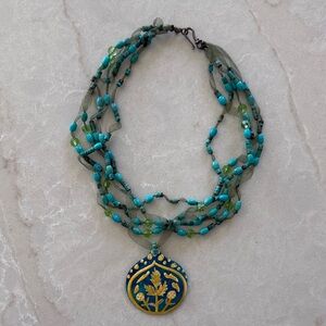 Multi-Strand Necklace with hand painted mother of pearl Pendant
